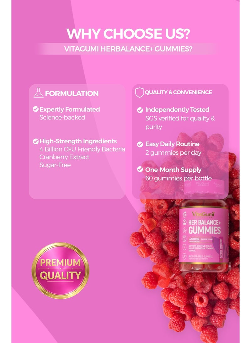 VitaGumi Nutrition HerBalance+ Gummies for Women | With 4 Billion CFU Probiotics & 170mg Cranberry Extract | Gut & Intimate Flora Support | 60 Vegan, Halal, Gluten-free Gummies | Delicious Natural Raspberry Flavour | 1 Month Supply - Image 5
